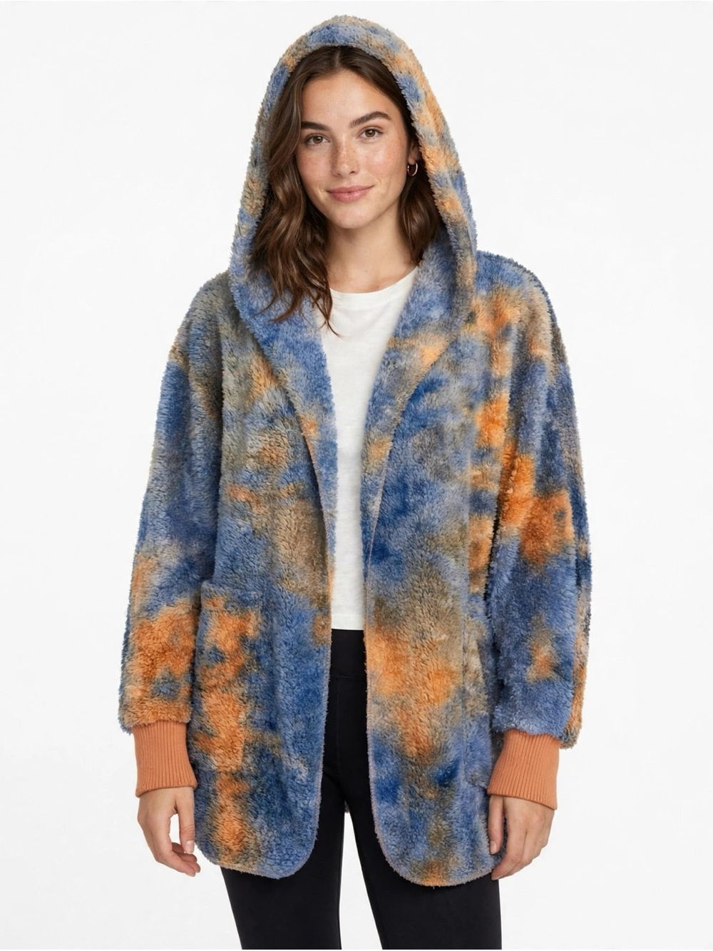 Hem & Thread Plush Tie-Dye Open Cardigan in Blue & Orange
